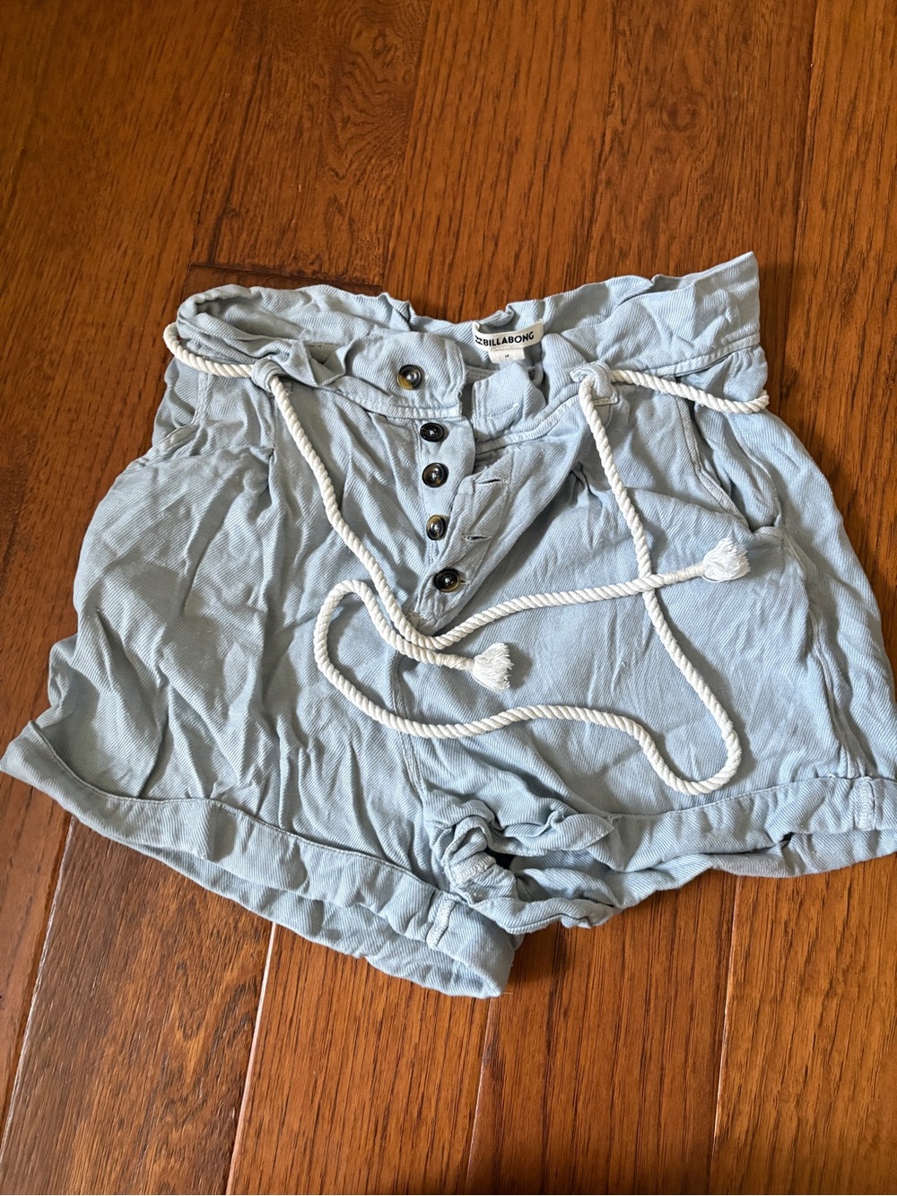 Billabong Pale Blue High Waist Paperbag Shorts with Rope Tie